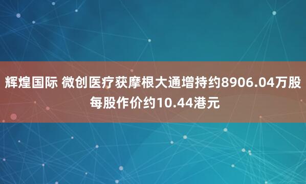 辉煌国际 微创医疗获摩根大通增持约8906.04万股 每股作价约10.44港元